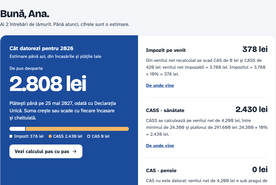 Pagina Acasă: salutul, apoi bannerul albastru cu suma de pus deoparte pentru taxe, iar în dreapta explicația fiecărei sume, cu linkul „De unde vine”.