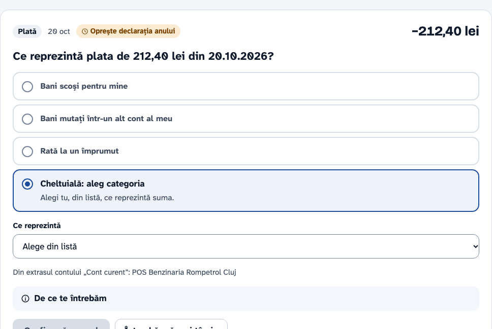 O întrebare din De rezolvat: ce reprezintă o plată la benzinărie, cu cele patru răspunsuri, „Cheltuială” aleasă și lista de categorii care se deschide dedesubt.